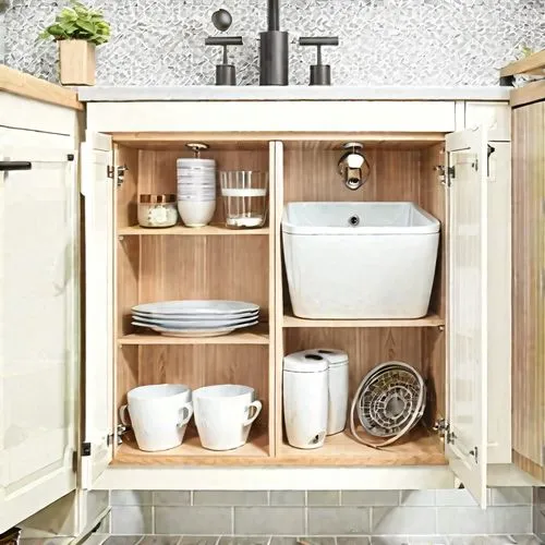 Design for a Small Sink with Cabinet:

Location:

The sink is located in the corner of the room, with one wall behind the sink and the other wall on the side.
Dimensions:

Sink width: 60 cm.
Total hei