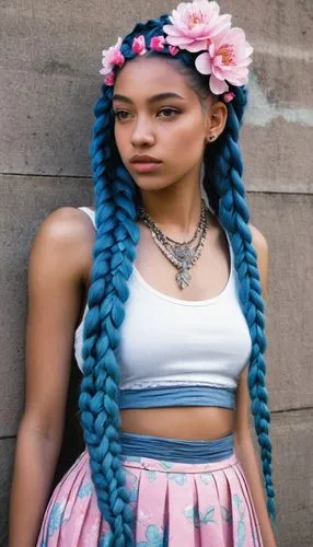  a young woman with long blue braids stands against a wall, her expression a mix of confidence and defiance. She wears a white crop top with a pink flower design, a blue pleated skirt at the london bi