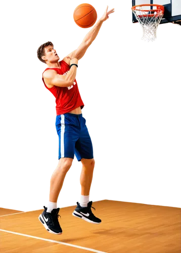 Young muscular man, athletic build, sweaty skin, intense facial expression, basketball in hand, dynamic pose, jumping high, slam dunking, Nike sneakers, sporty shorts, sleeveless shirt, shiny hardwood