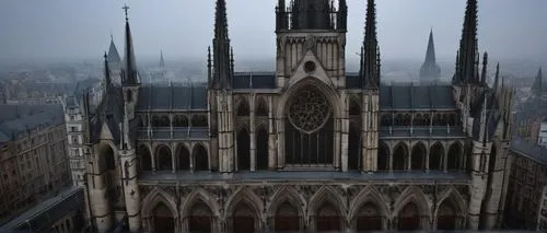 Gothic cathedral, grandiose, pointed arches, ribbed vaults, flying buttresses, stained glass windows, intricate stone carvings, gargoyles, tall spires, grand entrance, ornate doorways, mystical atmosp