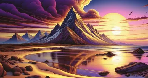 an artist is painting this colorful mountain landscape,fantasy landscape,futuristic landscape,volcanic landscape,dune landscape,fantasy picture,purple landscape,Illustration,Realistic Fantasy,Realisti