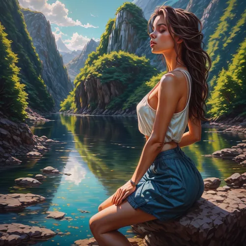 world digital painting,girl on the river,landscape background,donsky,fantasy picture,serene,idyllic,water nymph,digital painting,romantic portrait,fantasy portrait,nature background,mountain scene,fantasy art,nestruev,idyll,nature and man,kahlan,river landscape,cliffside