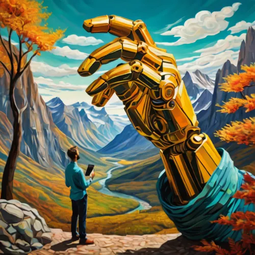 sci fiction illustration,yellow machinery,industrial robot,handshake icon,excavator,mining excavator,robot icon,hand digital painting,golden scale,world digital painting,automation,c-3po,autome,giant hands,futuristic landscape,artificial intelligence,machines,robots,giant goldenrod,mecha