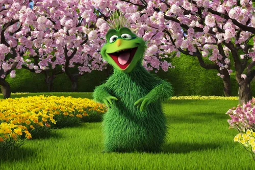 Write a poem about a cheerful gr￸nnfink singing in a blooming garden.,spring background,springtime background,spring greeting,flower background,aaa,cheery-blossom,tree loc sesame,green background,spri