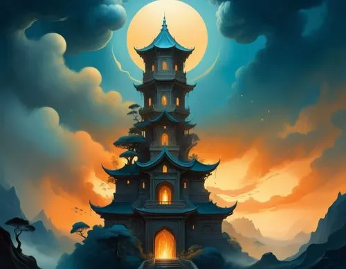 molten forest by dali and escher in quicksilver and ferrofuid splashes, Minimalism in a Negative Artistic Space,a poster of a tall building in a mountain,stone pagoda,oriental lantern,garrison,pagodas