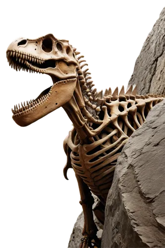 Dinosaur fossil, ancient, detailed texture, rocky background, Tyrannosaurus Rex skeleton, 3/4 composition, warm color tone, cinematic lighting, close-up, shallow depth of field, rough stone surface, m