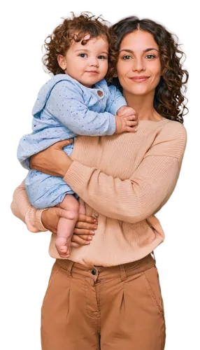 nurturing woman, gentle smile, soft eyes, curly brown hair, casual wear, comfortable sweater, loose pants, holding a baby, cradling, tenderly, warm lighting, cozy atmosphere, shallow depth of field, 3