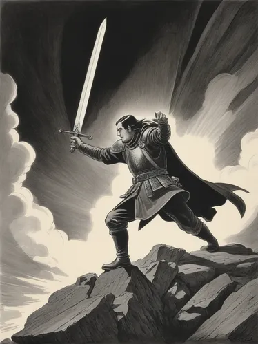 heroic fantasy,jrr tolkien,swordsman,quarterstaff,sci fiction illustration,the wanderer,wind warrior,swordsmen,man holding gun and light,highlander,game illustration,longbow,javelin,laser sword,falconer,king arthur,sabre,angel moroni,scythe,the spirit of the mountains,Illustration,Black and White,Black and White 22