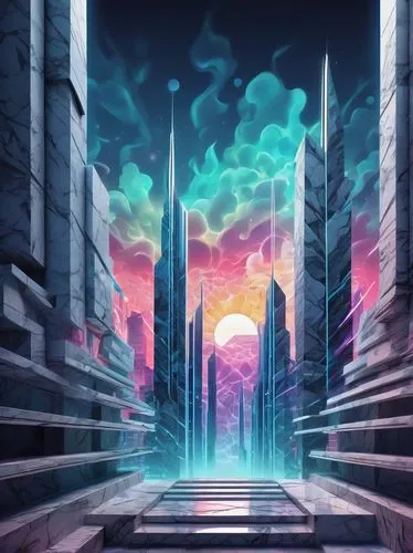 futuristic landscape,art deco background,backgrounds,cybercity,cityscape,background design,cloudstreet,fantasy city,monoliths,pillars,art background,cool backgrounds,monolith,cube background,ancient city,skylands,realm,skyscraping,silico,background screen,Illustration,Realistic Fantasy,Realistic Fantasy 39