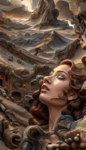 world digital painting,girl on the dune,surrealism,karakas,fantasy picture,fantasy art