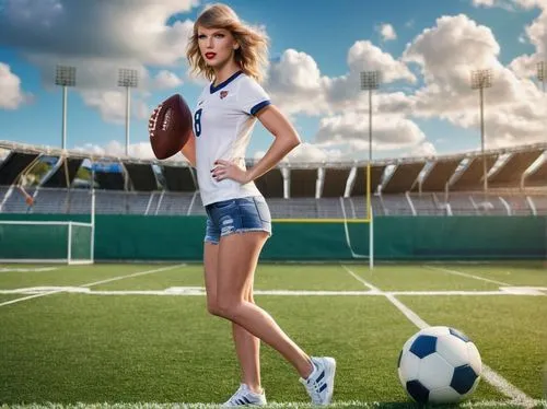 Taylor Swift, blonde hair, ponytail, casual makeup, athletic wear, sports jersey, denim shorts, sneakers, holding a football, standing on a green football field, sunny day, blue sky with a few white c