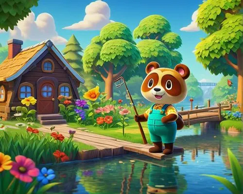 Adorable villager, animal crossing character, Tom Nook's shop, green grass, bright flowers, sunny day, warm lighting, 3D cartoon style, colorful outfits, holding fishing rod, standing near river, wate