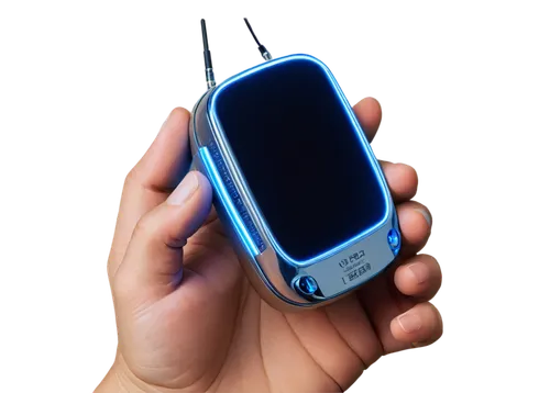 Modern gadget, futuristic publicitaire, sleek metal body, glowing blue LED lights, intricate circuitry details, metallic silver accents, rounded edges, compact design, held in hand, thumb on screen, i