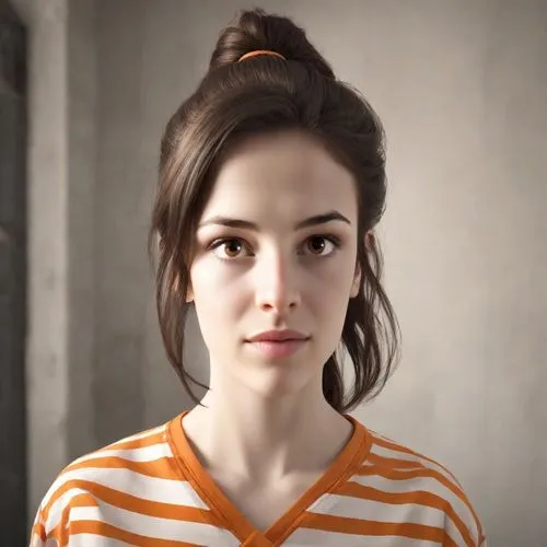 orange,portrait of a girl,young woman,aperol,girl in t-shirt,female model,girl portrait,orange color,retro girl,girl with cereal bowl,clementine,woman portrait,retro woman,polo shirt,orange half,portrait background,pretty young woman,beautiful young woman,striped background,girl studying,Photography,Natural