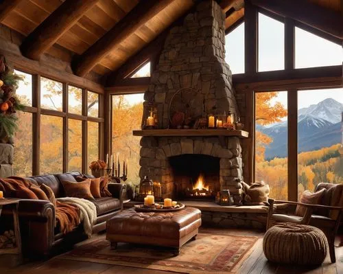 the cabin in the mountains,fire place,fireplace,alpine style,warm and cozy,fireplaces,house in the mountains,christmas fireplace,coziness,chalet,log home,house in mountains,log fire,beautiful home,log cabin,coziest,sunroom,home landscape,cozier,autumn decor,Illustration,Paper based,Paper Based 23