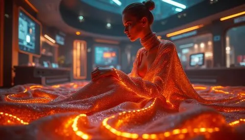 orange robes,3d render,amidala,cinema 4d,kuanyin,nezha,akhnaten,solara,light effects,luminous,illumination,symetra,cyberia,fire dancer,inara,fantasia,mamozai,meditrust,3d rendered,render,Photography,General,Realistic