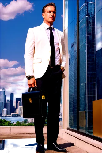 Image profit, businessman, mature man, suit, white shirt, black tie, briefcase, gold watch, confident expression, standing, powerful posture, cityscape background, skyscraper, glass window reflection,