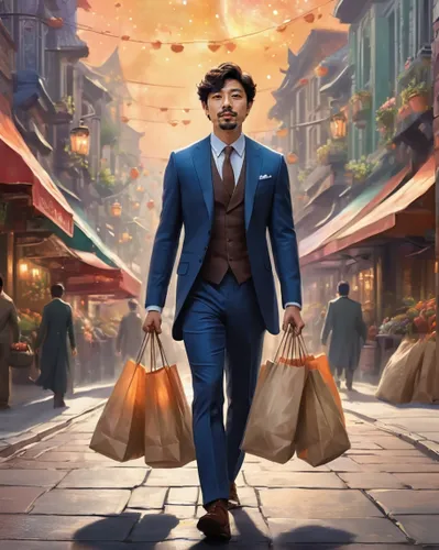 merchant,shopping icon,world digital painting,shopkeeper,shopify,sales man,shopping icons,steam release,shopper,businessman,peddler,cg artwork,consumerism,walking man,el salvador dali,business bag,commerce,the sale,white-collar worker,game art