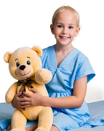 Young girl, childhood cancer patient, 6yo, bald head, pale skin, bright eyes, gentle smile, wearing colorful hospital gown, holding teddy bear, sitting on bed, IV tubes, medical equipment, softbox lig