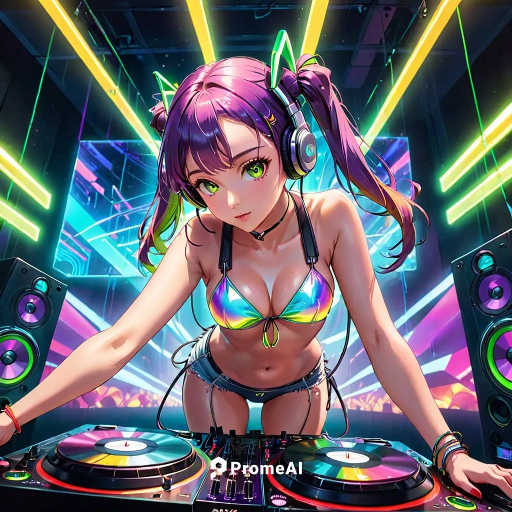 Holographic effect, in front of a wall full of yellow-green and purple-red gradient neon tubes, 8k, ultra-high definition, a handsome and fashionable female DJ with double ponytails, connected to LEDs