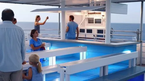 kiosco con barra para vender refresco, copteles, cafe, COCADA ubicada en la pare superior de uun ferry con detalles de un barco en la noche fotorealista CON PISO AZUL PASTEL, Y TECHO DE LONA TENASADO 