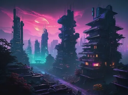 futuristic landscape,ancient city,fantasy landscape,fantasy city,kinkade,dusk,citadel,3d fantasy,cyberia,dystopias,cyberpunk,barrayaran,purple landscape,fractal environment,kornak,necropolis,cityscape,ruins,synth,alien world,Illustration,Paper based,Paper Based 27