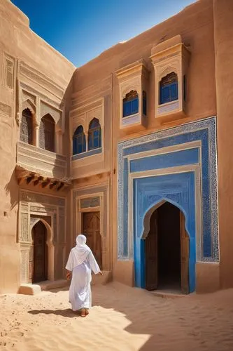 Najd architecture, ancient mud-brick buildings, intricately carved wooden doors, ornate windows with Islamic patterns, narrow alleys, traditional Arabic clothing, men with white thobes, women with hij