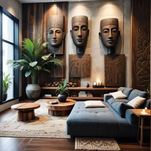 The dimensions and placement of the furniture in the room will remain constant. Large relief sculptures on the wall add a strong ethnic atmosphere to the space. These figures in dark wood or stone app