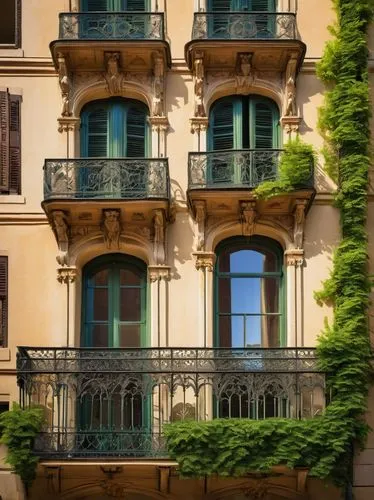 Historic Parisian architecture, grandiose, ornate details, Eiffel Tower-inspired iron latticework, Beaux-Arts style, Baroque elements, soft beige limestone walls, green copper roofs, intricate gargoyl