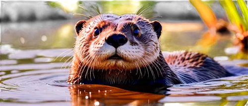 Otter, cute face, whiskers, shiny fur, brown eyes, swimming pose, water droplets on fur, playful expression, riverbank setting, morning sunlight, shallow depth of field, warm color tone, soft focus.,n