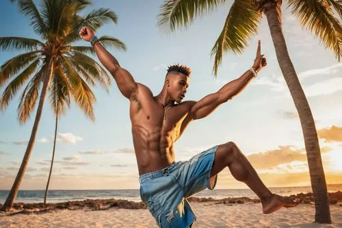 yoga guy,handstand,equal-arm balance,capoeira,luau,arm balance,palm tree,coconut tree,coconuts on the beach,coconut palm tree,merman,tarzan,calisthenics,warrior pose,polynesian,beach sports,gymnast,beach background,palms,maspalomas,Illustration,Realistic Fantasy,Realistic Fantasy 21