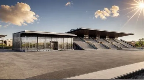 realistic visualization of a hippodrome, sunny sky, horses in the foreground, the building needs to be made beautiful, add details on the roof,olympia ski stadium,equestrian center,ski facility,sewage