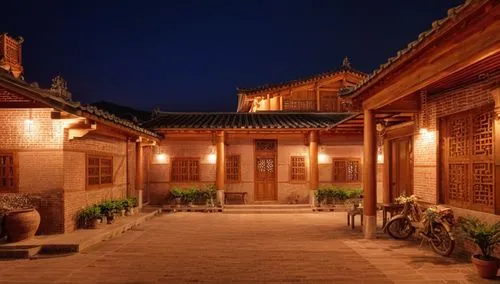 a view of a walkway with two bikes in the building,pingyao,sungkyunkwan,changgyeonggung palace,bukchon,hanok,chengqian,Photography,General,Realistic