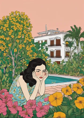 girl in the garden,rosa bonita,girl in flowers,sea beach-marigold,provencal life,palm springs,acapulco,mallorca,south of france,positano,santa barbara,ibiza,floriated,floristics,maspalomas,lanzarote,mijas,idyllic,tenerife,ipê-rosa,Illustration,Vector,Vector 14