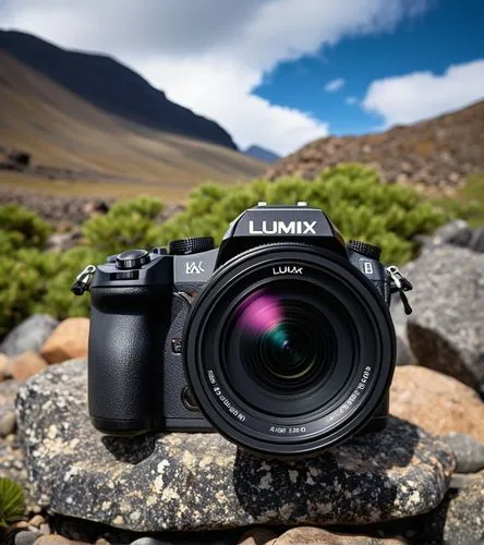 A LUMIX CAMERA UNDER THE LAND OF DARK ROCKS WITH DARK MOUNTAIN VIEW ON THE BACKGROUND,a camera and lens laying on a rock,lumix,lenzing,lensbaby,slr camera,sony alpha 7,lensing,Photography,General,Real