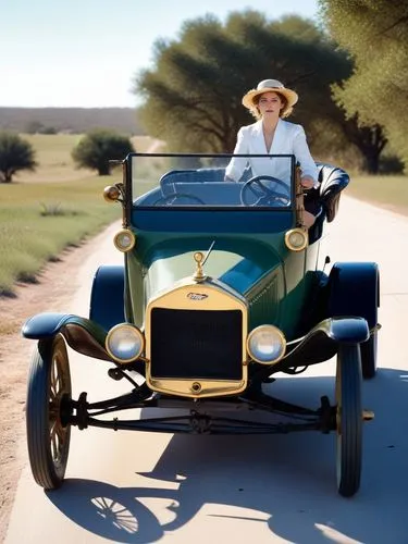 Side view at sunshine: Mrs. Clara Jane Ford is at the center of the action. She is driving a Ford (Model T) through a Texan landscape, its dark green paint reflecting the bright sunlight. The interior