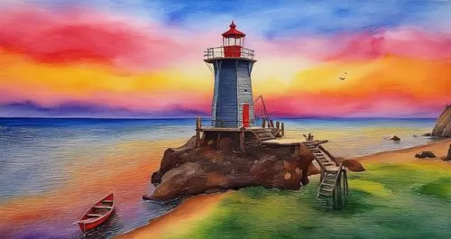 a painting of a lighthouse next to a boat at the beach,petit minou lighthouse,red lighthouse,lighthouses,lighthouse,light house,electric lighthouse,phare,watercolor painting,peinture,farol,watercolor,