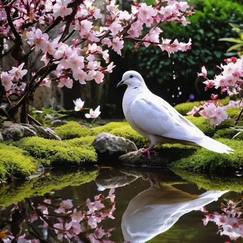 "soft lighting, Dove drinking in a reflective fountain pen on a Forgotten garden in blossom. Art by Yoji shinkawa, zerichan, fantia, Jean_Baptiste_Monge, bright, colorful water ink flow, perfect, magi