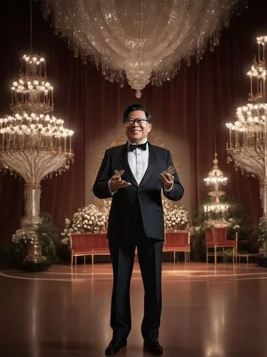 Pritzker Architecture Prize, award ceremony, grand auditorium, luxurious chandeliers, elegant wooden podium, prestigious trophy, renowned architect, formal wear, bow tie, confident smile, proud pose, 