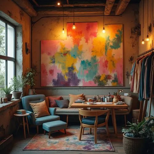 watercolor cafe,anthropologie,watercolor tea shop,bohemian art,interior design,interior decor,boho art style,breakfast room,fabric painting,loft,scandinavian style,interior decoration,modern decor,coffee shop,furnishing,the coffee shop,dining room,boho art,teashop,coffeeshop,Photography,General,Realistic