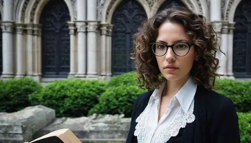 Mature lady, 30s, architectural historian, PhD degree, glasses, curly brown hair, minimal makeup, business casual attire, white blouse, black skirt, holding a large book or folder, standing in front o