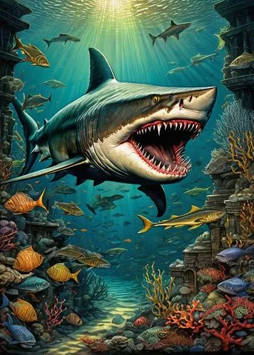 megalodon,carcharodon,temposhark,ijaws,nekton,great white shark,mosasaurs,marine reptile,mayshark,shark,jaws,tigershark,underwater background,houndshark,mosasaur,leptocephalus,sharks,megalonyx,aquarium inhabitants,pliosaurus,Art,Classical Oil Painting,Classical Oil Painting 28