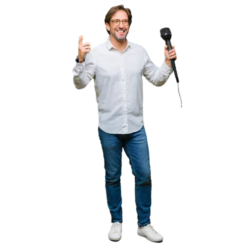 Mature man, dad, funny expression, bright smile, messy brown hair, glasses, casual wear, blue jeans, white shirt, sneakers, holding microphone, speaking gesture, spotlight, warm lighting, shallow dept