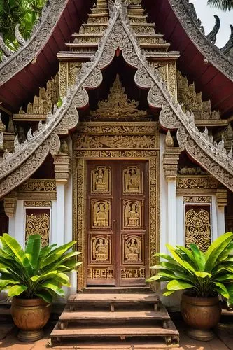 Traditional Laotian architecture, ornate temple, Wat Xieng Thong, golden stupa, intricate carvings, Buddha statues, wooden doors with mythical creatures, tiled roofs, curved finials, vibrant colors, L