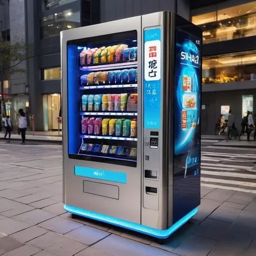 Modern, sleek, high-tech vending machine, stainless steel body, curved edges, LED display screen, glowing blue light, touch-sensitive interface, card reader, coin slot, dispensing mechanism, rotating 