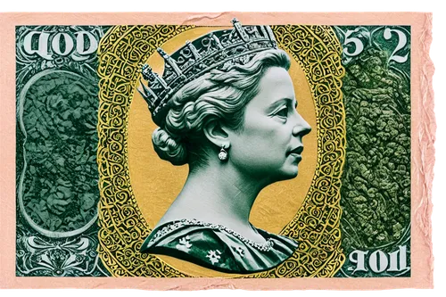 British Pound Sterling note, crumpled paper texture, Queen Elizabeth II portrait, Big Ben watermark, golden foil stamp, intricate intaglio printing, serial number, embossed lettering, 3/4 composition,