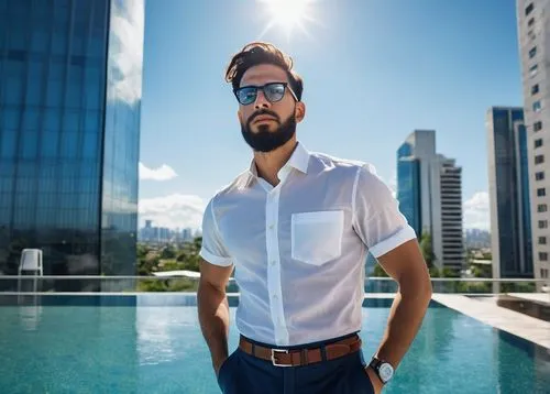 Modern male architect, standing, hands in pockets, black hair, glasses, beard, white shirt, dark blue trousers, brown leather belt, black oxfords, holding a blueprint, cityscape background, skyscraper