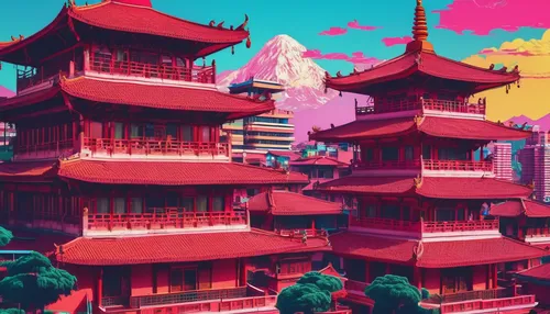 colorful city,pink city,chinatown,chinese temple,pagoda,asian architecture,kyoto,sakura background,japanese sakura background,red place,hanging temple,tokyo city,fantasy city,temples,roofs,taipei,japanese background,kowloon,chinese architecture,temple fade,Conceptual Art,Sci-Fi,Sci-Fi 28