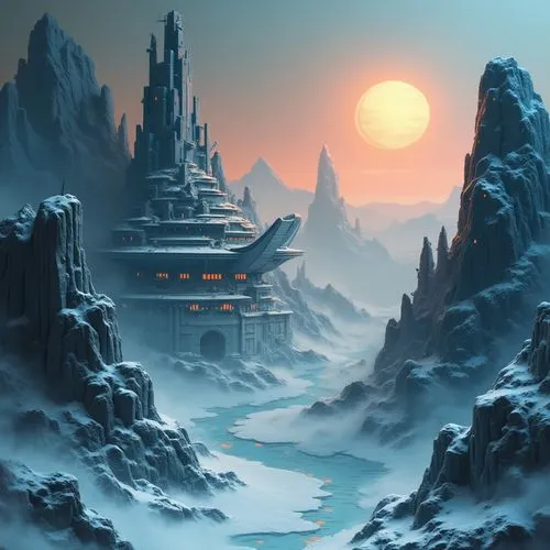 fantasy landscape,ancient city,lunar landscape,futuristic landscape,fantasy picture,wudang,snow landscape,rongfeng,white temple,world digital painting,asian architecture,snowy landscape,yamatai,icewind,dalixia,jinchuan,qingcheng,winter landscape,landscape background,oriental,Unique,Paper Cuts,Paper Cuts 10