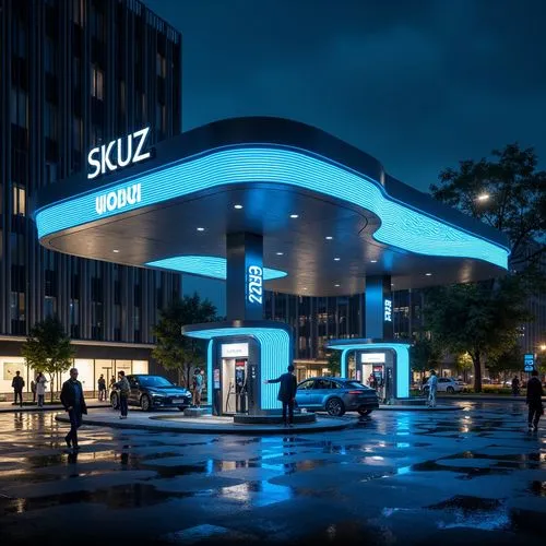 Futuristic gas station, neon-lit signage, bold font styles, curved LED displays, holographic projections, metallic surfaces, sleek lines, aerodynamic shapes, glowing accents, electric blue lighting, u